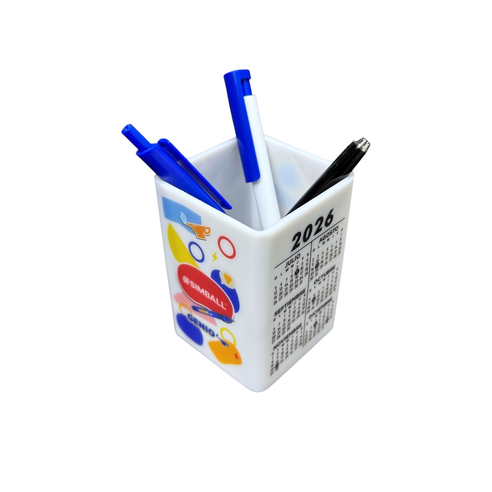 Cubo portalapiz blanco con calendario